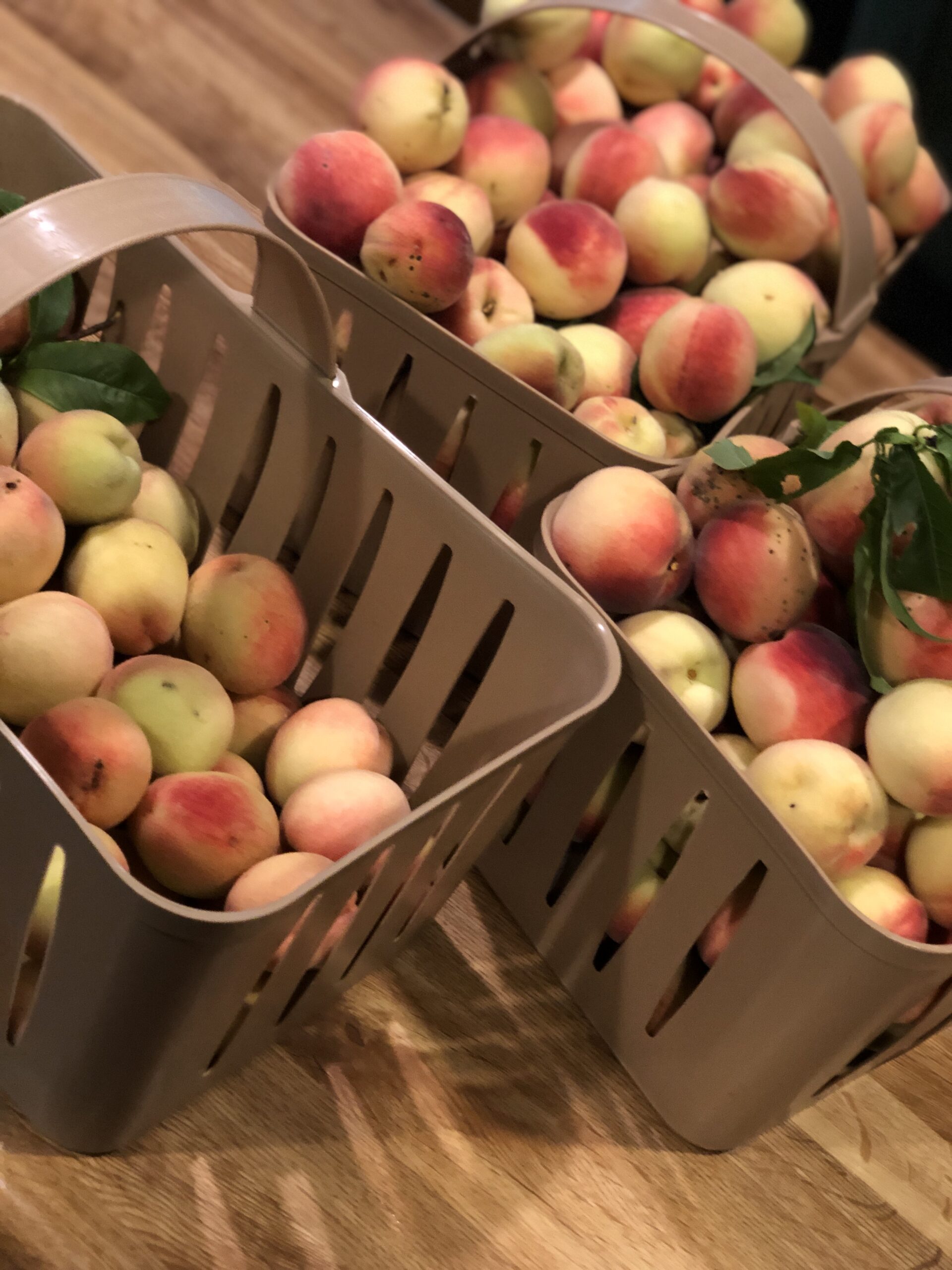 3 baskets filled with peaches sitting on a wood counter top